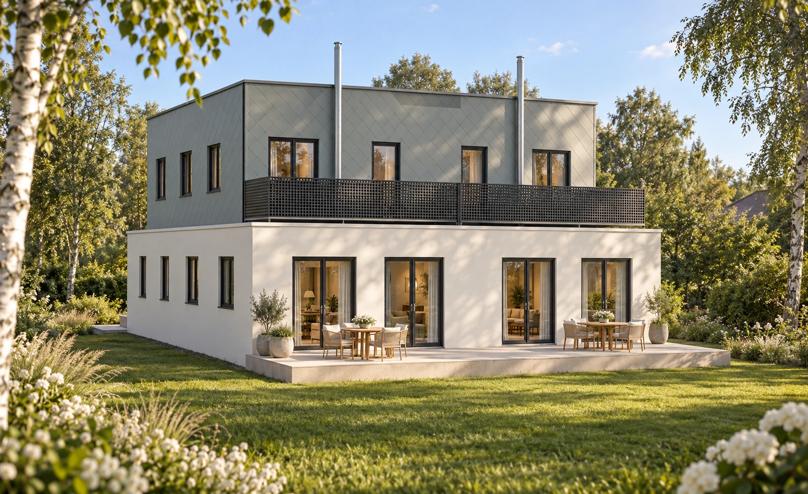 Visualisierung der Gartenseite mit vier breiten Terrassentüren, zwei getrennten Dachterrassen und beiden Kaminrohren