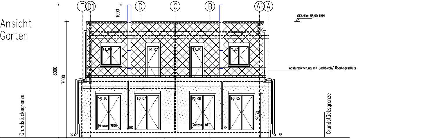 Gartenansicht aus den Bauplänen: obere Terrasse und vier Öffnungen je Geschoss